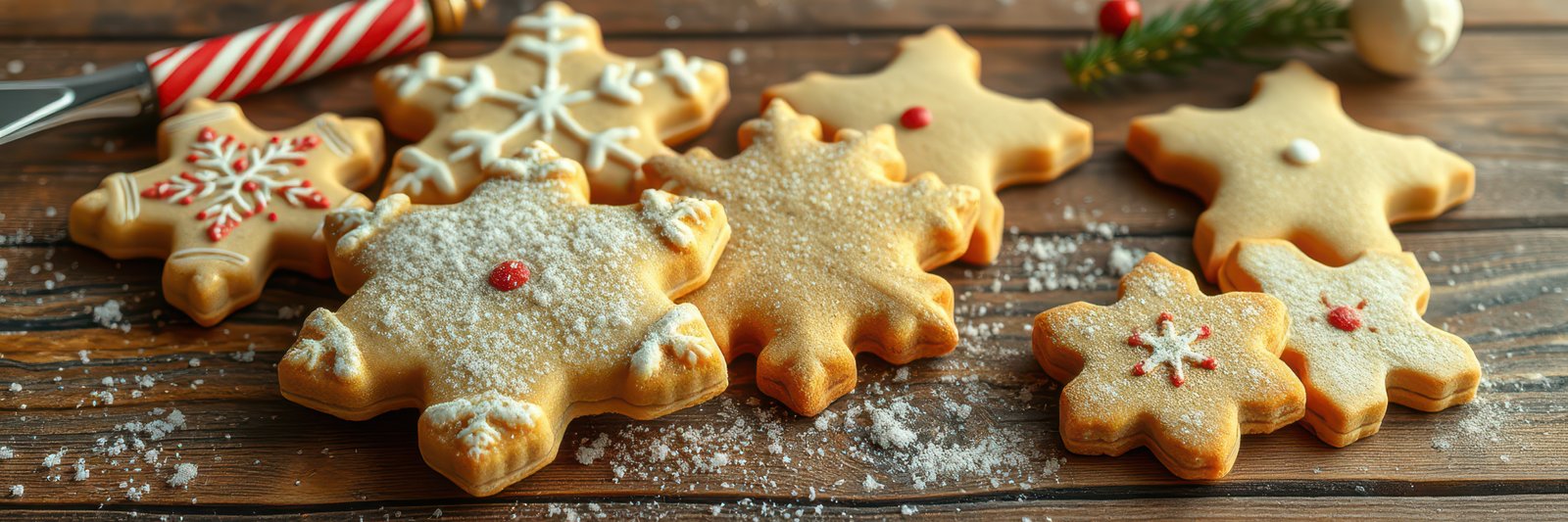 Holiday cookies arranged on a wooden table with festive decorations during the winter season